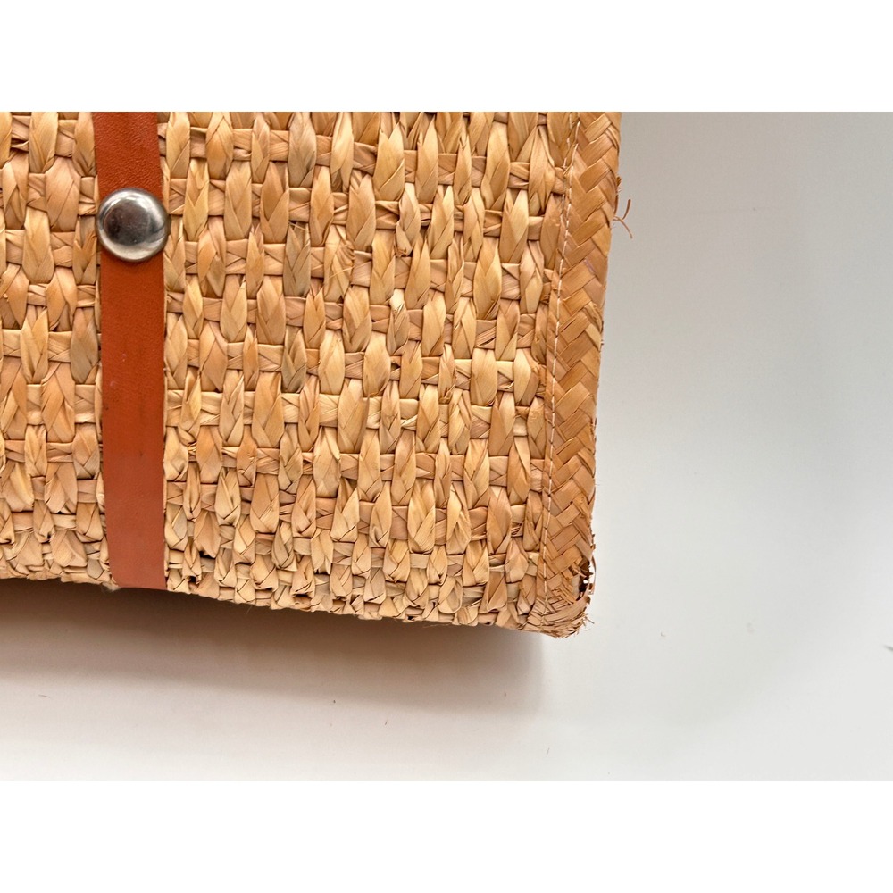 Vintage Woven Straw Floral Embroidered Satchel Bag Boho Cottagecore Natural Tan - Picture 8 of 11